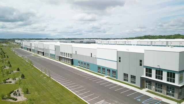 Aerial Establishing Shot of Modern Warehouse for Shipping Goods Across America