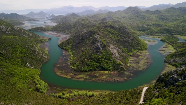 Pavlova Strana Viewpoint and Crnojevica river at Skadar Lake, Montenegro - Slow Aerial