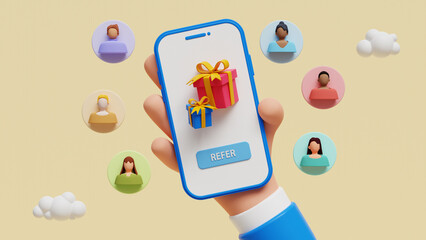 Smartphone with gift boxes and referening friends concept. Referral system, refer friend, making money recommending new group 3d style. Referral marketing program. Group customers. 3d illustration