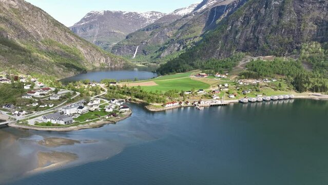 Skjolden and Eidsvatnet lake in Norway - Beautiful springtime aerial