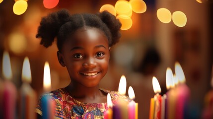young sweet and cute African girl with birthday cake on her birthday.
