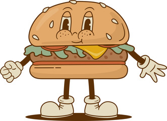 Retro cartoon funny burger character. Vintage street food hamburger mascot vector illustration. Nostalgia 60s, 70s, 80s © Nadezhda Mih