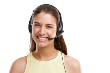Telemarketing, smile and portrait of woman isolated on transparent png background in crm, advice and sales. Communication, callcenter and happy help desk consultant, customer service agent or advisor
