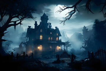 halloween night scene mansion on full moon ai generated art - obrazy, fototapety, plakaty