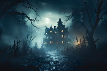 halloween castle in the night  - obrazy, fototapety, plakaty