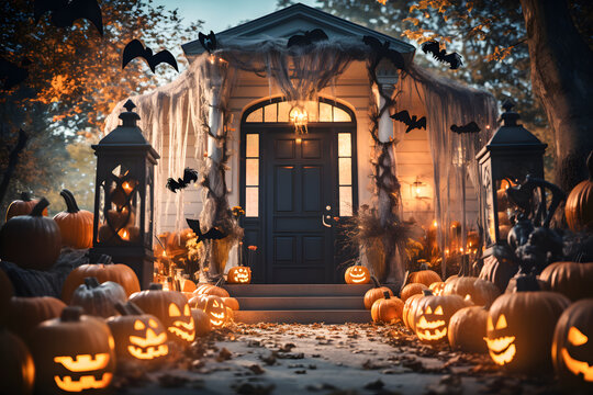 halloween pumpkin on a house Halloween themed decorations ai generated art