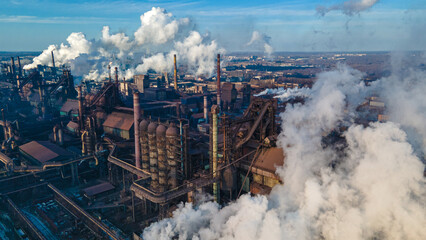 industry metallurgical plant dawn smoke smog emissions bad ecology aerial photography