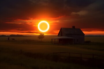 Farmstead Eclipse: A Total Solar Eclipse Unfolding at Sunset Over Peaceful Farmland