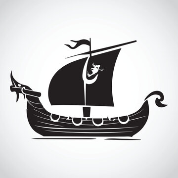 Multipurpose Realistic Vintage Type Viking Boat Ship Black Silhouette Icons Logo. Black And Isolated On White Background. Viking Boat Ship Tattoo, Sticker. Vector Illustration.