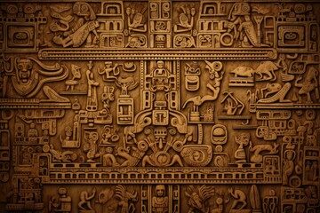 Fototapeta na wymiar Ancient Mayan glyphs texture background, elaborate and symbolic hieroglyphics, historic and cultural backdrop, rare and archaeological