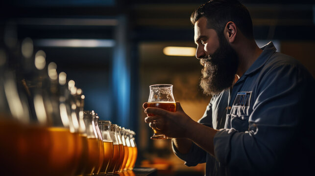Close-up bearded brewery worker inspecting beer in a beaker
