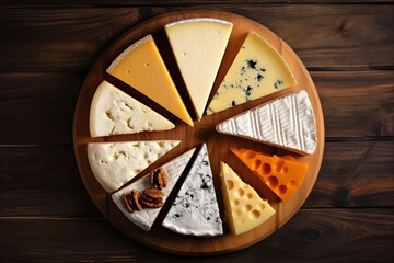 Top view with variety of fresh cheese products on a round wooden tray
