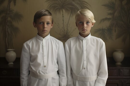 The Formality of Two White-Clothed Children Posing for a Photo Fictional Character Created By Generative AI.