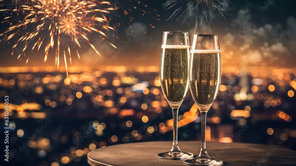 Wall mural two hands holding a glass of champagne with fireworks in the city background  - Wall murals