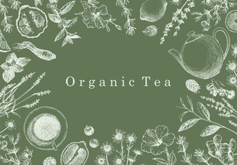 Organic Tea. Hand-drawn illustration of plants and objects. Ink. Vector