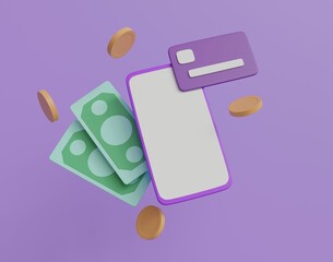 3D cashback and money refund icon concept. Wallet, dollar bill and coin stack, online payment on purple background. 3d icon render illustration