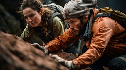 Fototapeta premium Man and woman, teamwork, duo, two people in the mountains, help, rock climber, office work, projects, rest, Generative AI