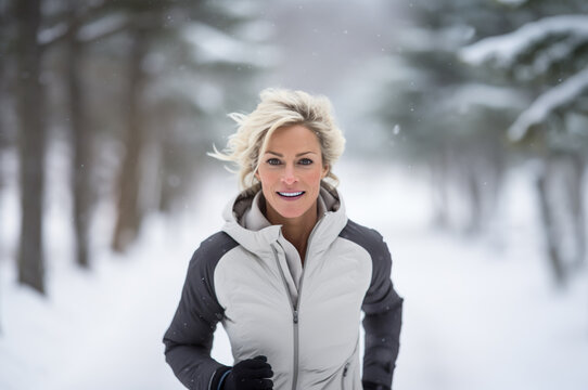 Ai generated image of mature senior woman running in winter