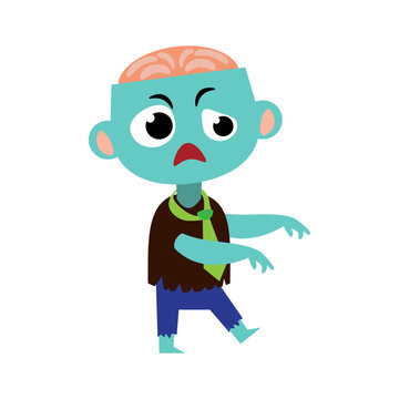 cartoon zombie walking, teal skin, open brain clip art preview