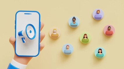 Smartphone in hand with Megaphone. 3D loop animation with different avatars. Referel concept, Influence blogger, Promotion, Services and goods