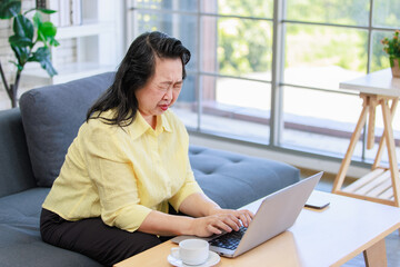 Asian old senior pensioner chubby fat housewife sitting on cozy sofa open mouth wide shocking holding hand on chest having heart attack while surfing browsing internet online via laptop computer
