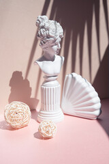Trendy interior still life with sunlight and shadows. Beautiful background with geometric shapes,...
