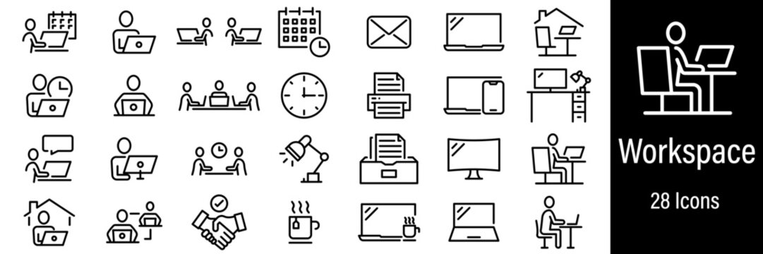 Office Workspace Web Icons. Freelancer, Coworking, Office, Home, Business. Vector in Line Style Icons
