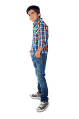 Portrait of teenager or boy with full body for fashion confidence in trendy jeans, shirt and sneakers. Casual, cool and gen z model or child with youth clothes isolated on transparent, png background © Sumeet K/peopleimages.com