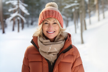 Obraz premium Ai generated image of happy mature senior woman on hiking in winter