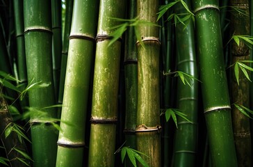 Obraz premium Bamboo forest with green leaves, close up. Nature background.