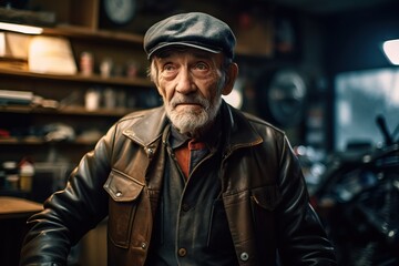 Obraz premium Portrait of an old man in a leather jacket and cap.