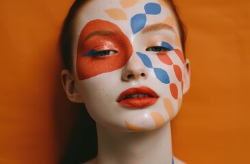 Portrait of a beautiful girl with painted face on orange background.