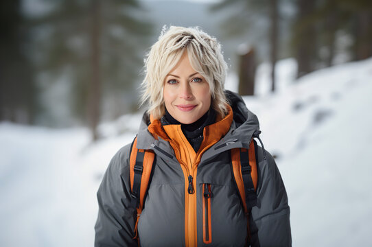 Ai generated image of happy mature senior woman on hiking in winter