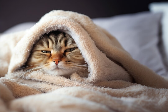 sick cat under blanket