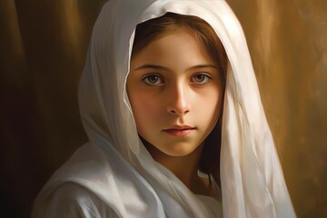 Naklejka premium A woman wrapped in a white veil, depicted in a painting Fictional Character Created By Generative AI.