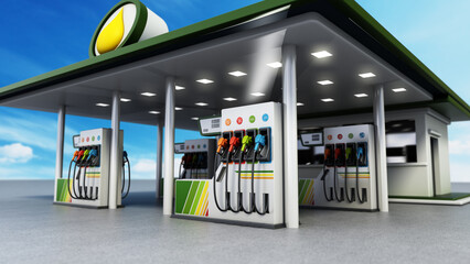 Gas station with rows of fuel pumps 3D illustration