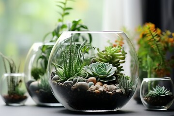 interior design, Mini succulent garden in glass terrarium on windowsill. created generative ai.