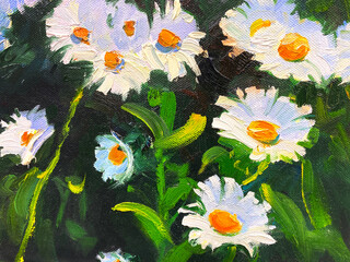Oil painting. Beautiful bright colors. Painted daisies in a green garden