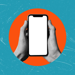 Cell phone with white screen in hand, and orange circle and blue background.