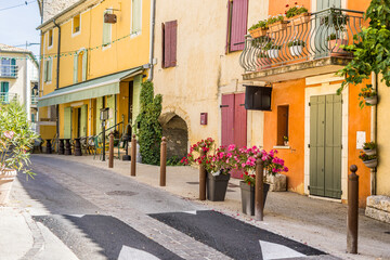 Beautiful scenic old ancient white colorful houses buildings window shutters and wooden doors...