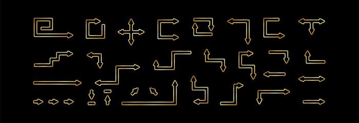 A bright set of golden arrows on a black background.