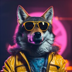 Retro wolf in neon outfit