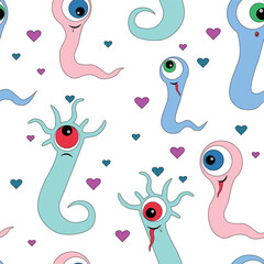 Vector seamless pattern of bacteria in love. Multicolored cartoon monsters on a white background.