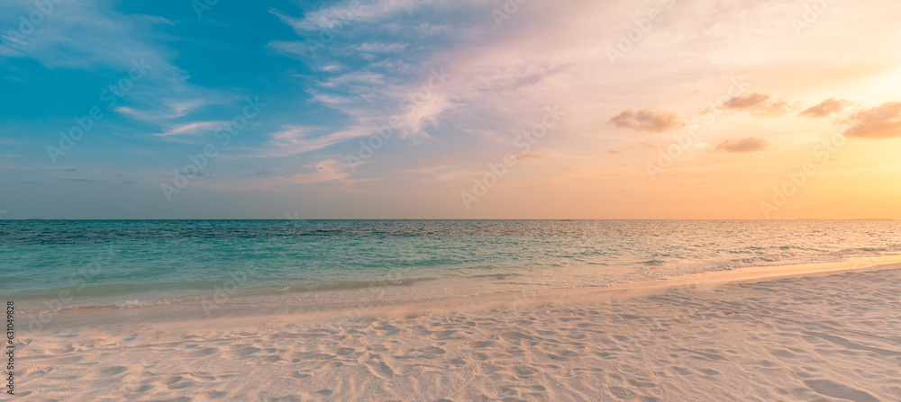 Sticker beach sunset. beautiful panoramic landscape, colorful golden sunset sky clouds. closeup calm sea wit - Stickers