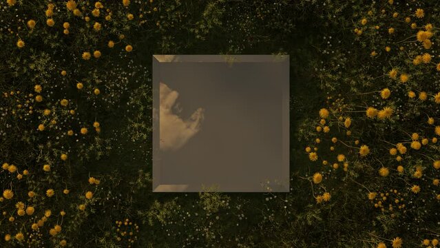 rectangular mirror reflecting single moving cloud and surrounded by yellow dandelions. Flat lay of nature style concept