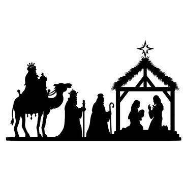 recommend clip art: Holy Night silhouette - Nativity scene of baby Jesus silhouette in a manger with Mary and Joseph with the three wise men. Christian Christmas silhouette of animals. Illustration for children.