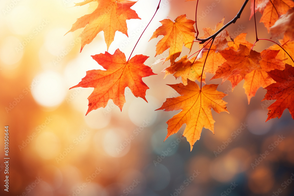 Wall mural border of orange maple leaves on a branch with bokeh in the background, autumn vibes
