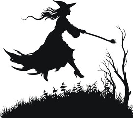 vector beautiful witch. flying witch with broom. black witch silhoutte vector illustration on white background.