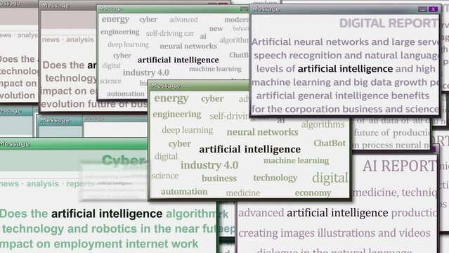 Artificial intelligence machine deep learning and ai chat bot gpt pop up windows on computer screen. Abstract concept of news titles across media. Seamless and looped display.