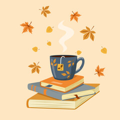 Vector autumn illustration of a cup of hot tea on books with falling autumn leaves. Cozy autumn. Autumn banner, image, postcard. 